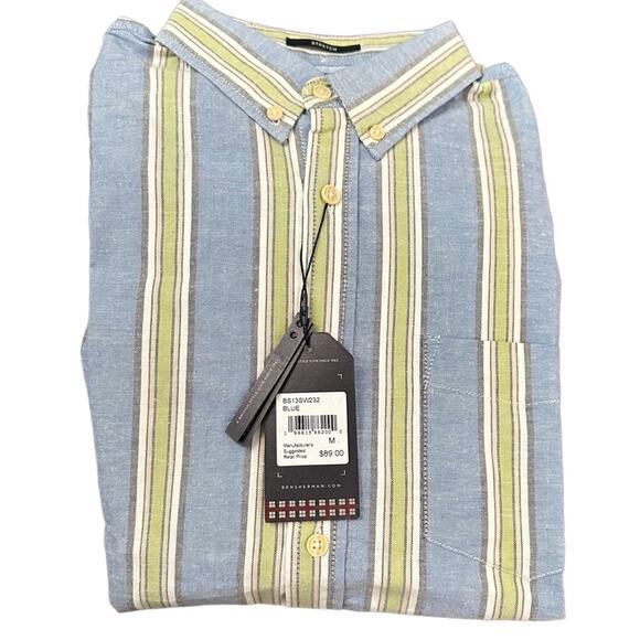 Ben Sherman Modern Fit Button Down Collar Short Sleeve Size M Blue Yellow Stripe - Picture 2 of 7